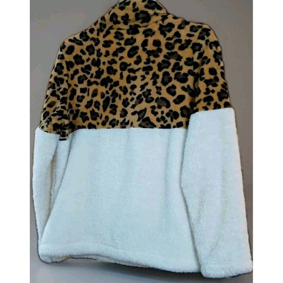 C+D+M Sherpa Fleece Pullover Womens M Leopard Cream 1/4 Zip Soft Cozy Top - Picture 5 of 8